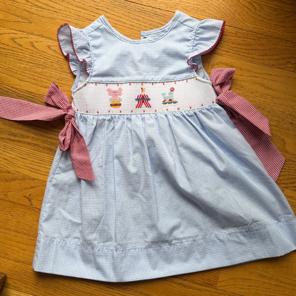 Blue Gingham Circus Smocked Waist Dress with Red Bow Tie Sides